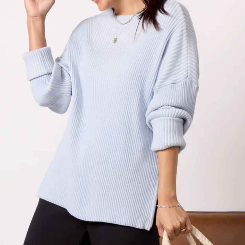 Varley Kingsley Mock Neck Knit Ribbed Sweater in Pale Blue Evereve Size L